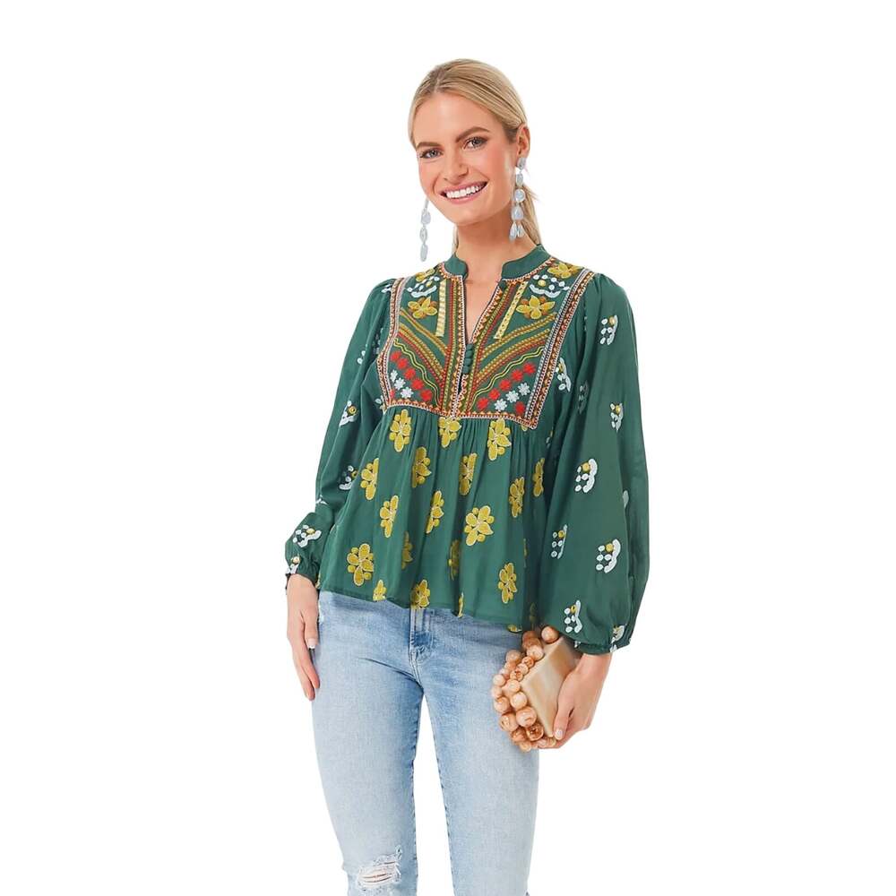 Tuckernuck Oliphant Green Lucknow Mandarin Embellished Boho Balloon Top M